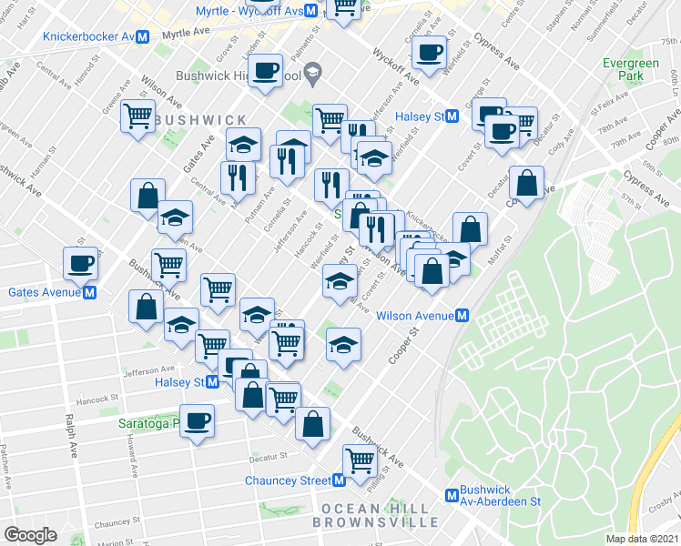 map of restaurants, bars, coffee shops, grocery stores, and more near 1155 Halsey Street in Brooklyn