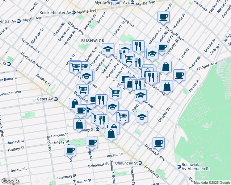 map of restaurants, bars, coffee shops, grocery stores, and more near in Brooklyn