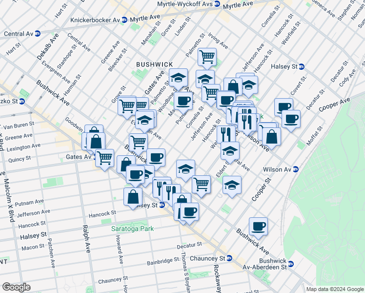 map of restaurants, bars, coffee shops, grocery stores, and more near in Brooklyn