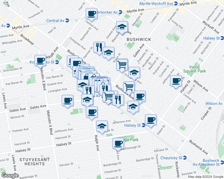 map of restaurants, bars, coffee shops, grocery stores, and more near 1103 Gates Avenue in Brooklyn