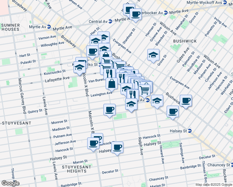 map of restaurants, bars, coffee shops, grocery stores, and more near 824 Lexington Avenue in Brooklyn
