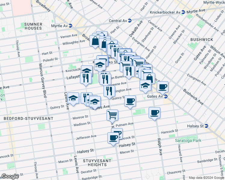 map of restaurants, bars, coffee shops, grocery stores, and more near 91A Malcolm X Boulevard in Brooklyn