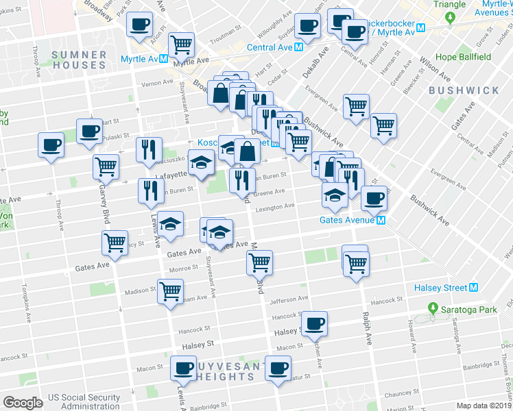 map of restaurants, bars, coffee shops, grocery stores, and more near 91A Malcolm X Boulevard in Brooklyn