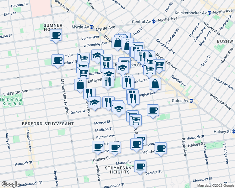 map of restaurants, bars, coffee shops, grocery stores, and more near 900A Greene Avenue in Brooklyn