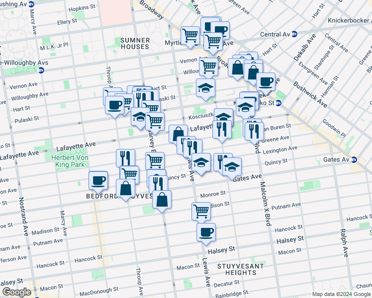 map of restaurants, bars, coffee shops, grocery stores, and more near 181 Lewis Avenue in Brooklyn
