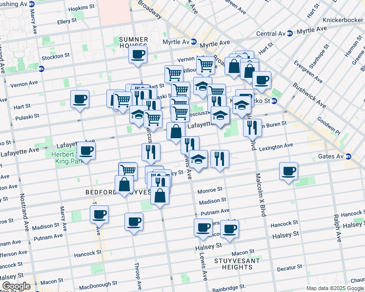 map of restaurants, bars, coffee shops, grocery stores, and more near 181 Lewis Avenue in Brooklyn