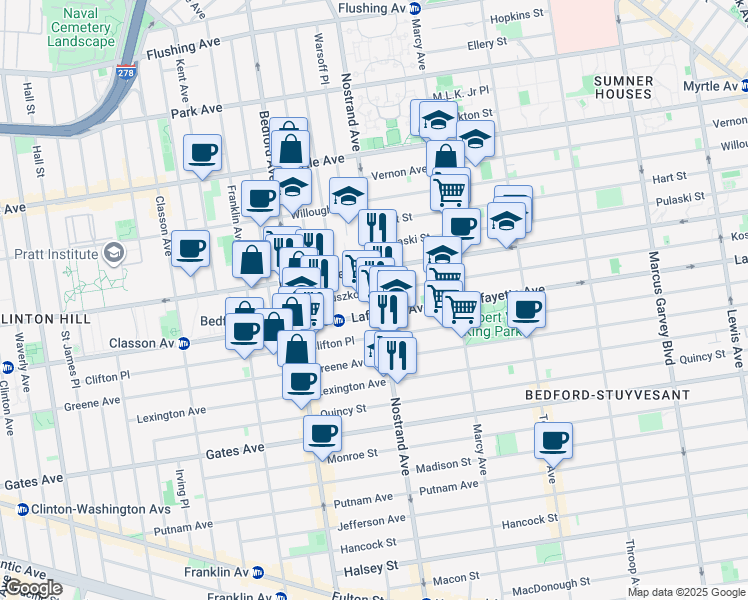 map of restaurants, bars, coffee shops, grocery stores, and more near in Brooklyn