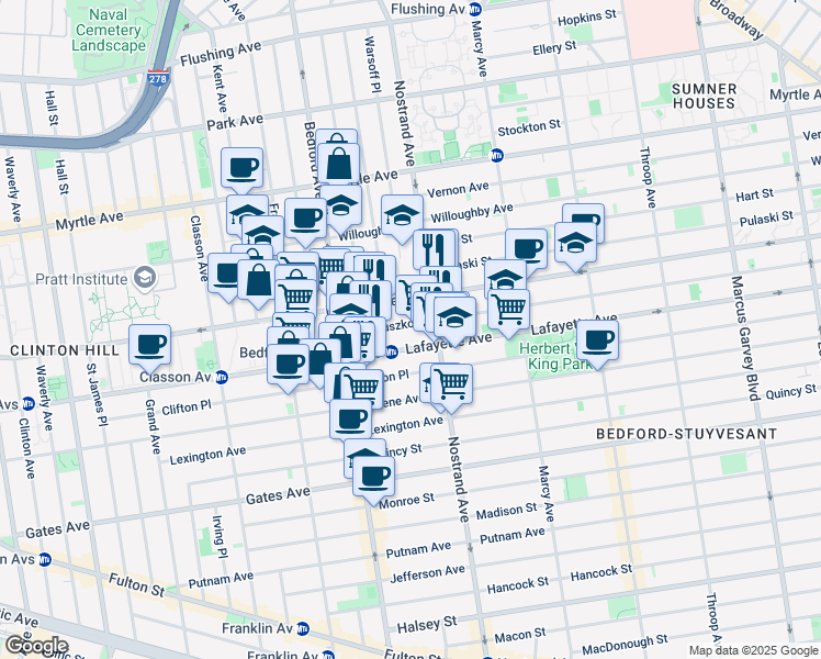 map of restaurants, bars, coffee shops, grocery stores, and more near 58 1/2 Kosciuszko Street in Brooklyn