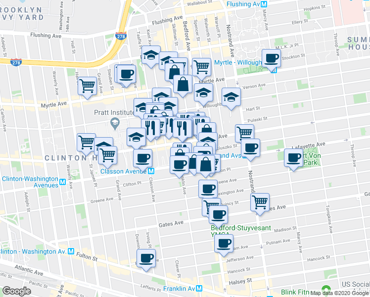 map of restaurants, bars, coffee shops, grocery stores, and more near 473 DeKalb Avenue in Brooklyn