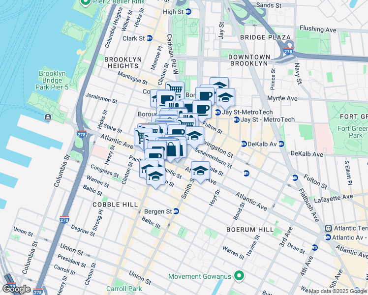 map of restaurants, bars, coffee shops, grocery stores, and more near 99 Schermerhorn Street in Brooklyn