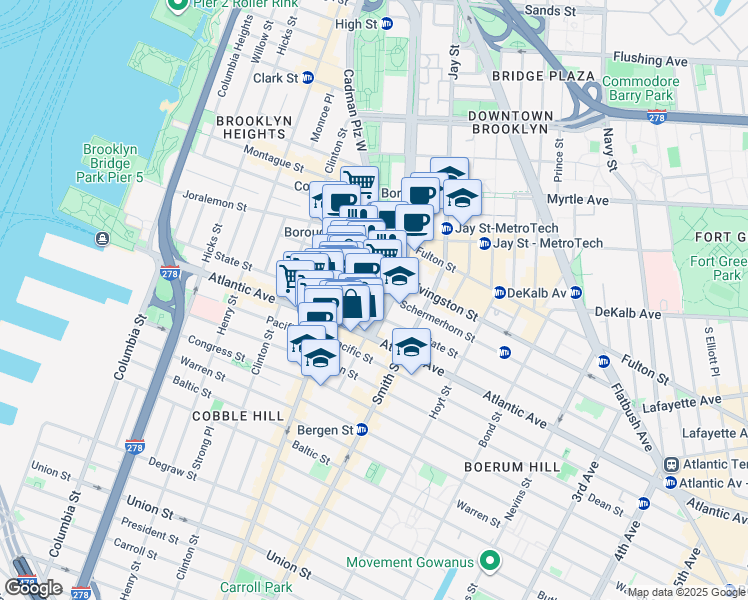 map of restaurants, bars, coffee shops, grocery stores, and more near 99 Schermerhorn Street in Brooklyn