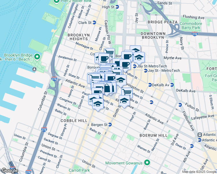 map of restaurants, bars, coffee shops, grocery stores, and more near 99 Schermerhorn Street in Brooklyn