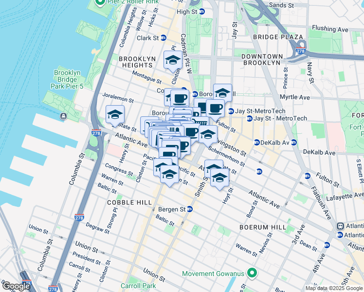 map of restaurants, bars, coffee shops, grocery stores, and more near 111-115 City Point in Brooklyn