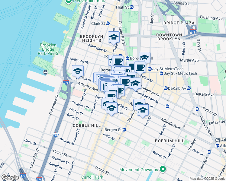map of restaurants, bars, coffee shops, grocery stores, and more near 111-115 City Point in Brooklyn