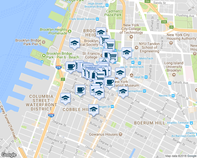 map of restaurants, bars, coffee shops, grocery stores, and more near 166 State Street in Brooklyn
