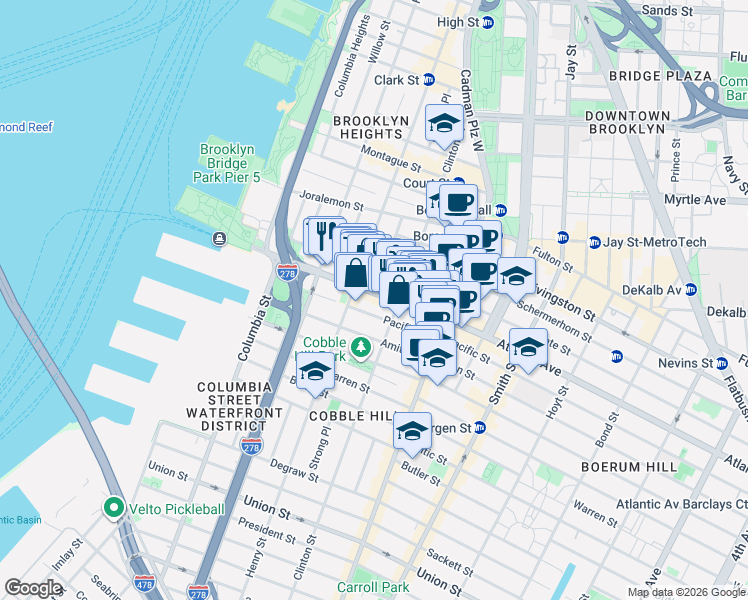 map of restaurants, bars, coffee shops, grocery stores, and more near 151-155 Atlantic Avenue in Brooklyn