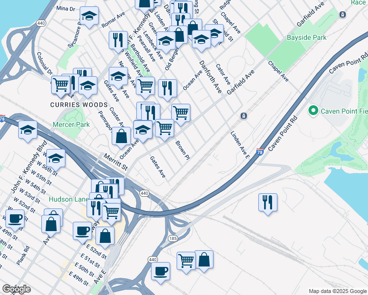 map of restaurants, bars, coffee shops, grocery stores, and more near 100 Brown Place in Jersey City