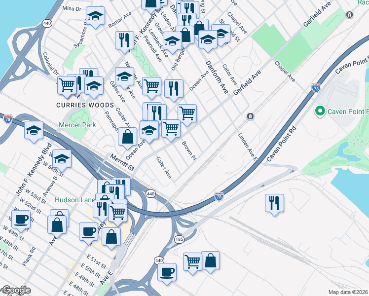 map of restaurants, bars, coffee shops, grocery stores, and more near 100 Brown Place in Jersey City