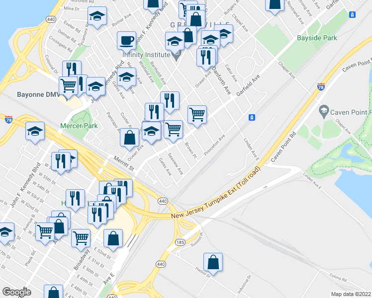 map of restaurants, bars, coffee shops, grocery stores, and more near 100 Brown Place in Jersey City