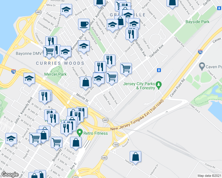map of restaurants, bars, coffee shops, grocery stores, and more near 170 Garfield Avenue in Jersey City