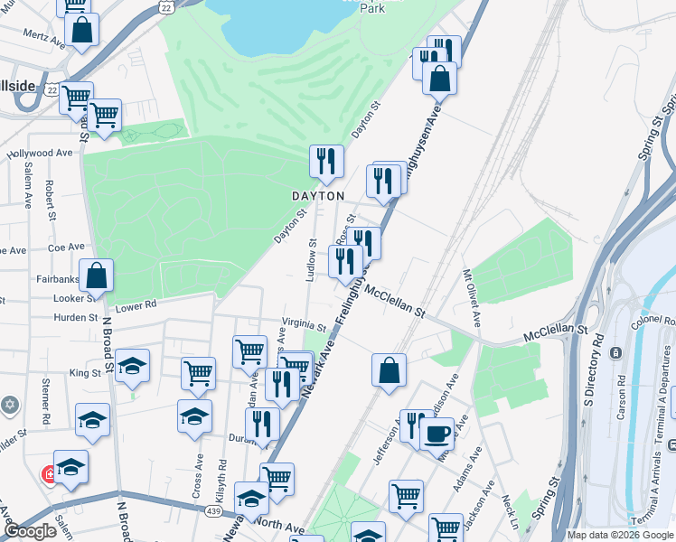 map of restaurants, bars, coffee shops, grocery stores, and more near 22 Van Vechten Street in Newark