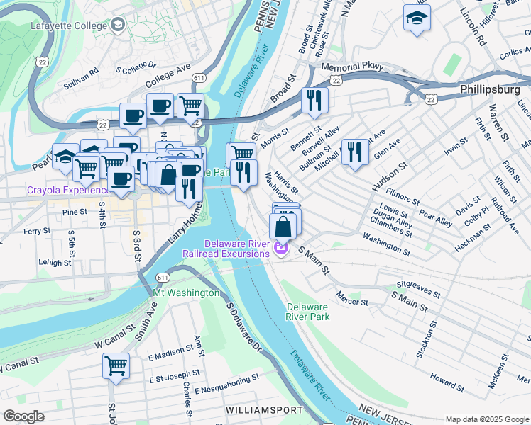 map of restaurants, bars, coffee shops, grocery stores, and more near 2 Randall Street in Phillipsburg