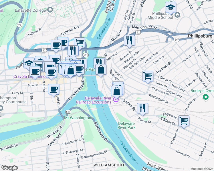 map of restaurants, bars, coffee shops, grocery stores, and more near 2 Randall Street in Phillipsburg