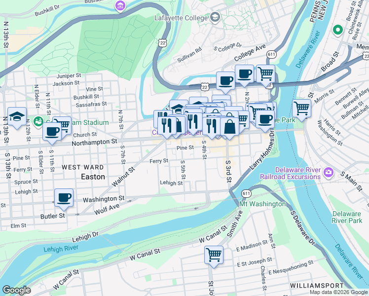 map of restaurants, bars, coffee shops, grocery stores, and more near 24 South 5th Street in Easton
