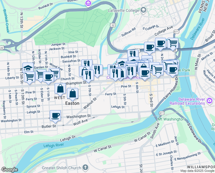 map of restaurants, bars, coffee shops, grocery stores, and more near 646 Pine Street in Easton
