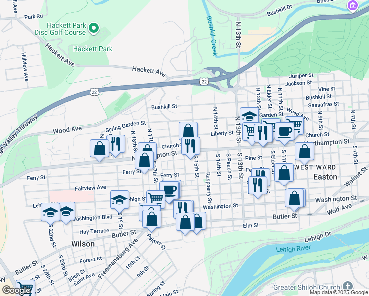 map of restaurants, bars, coffee shops, grocery stores, and more near 1503 Northampton Street in Easton