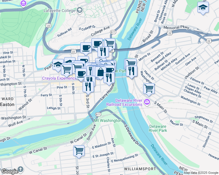 map of restaurants, bars, coffee shops, grocery stores, and more near 91 Larry Holmes Drive in Easton