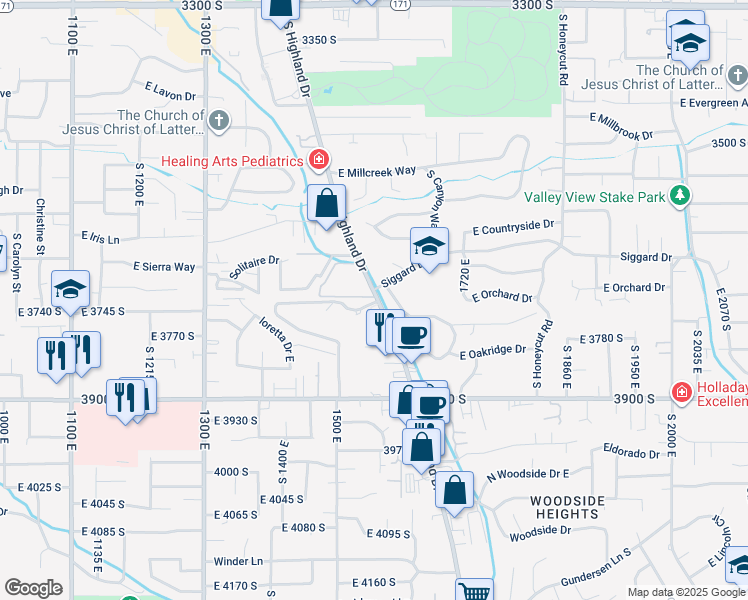 map of restaurants, bars, coffee shops, grocery stores, and more near 3750 Highland Drive in Millcreek