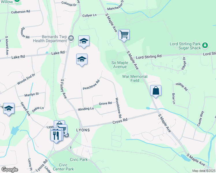 map of restaurants, bars, coffee shops, grocery stores, and more near 53 Peachtree Road in Basking Ridge