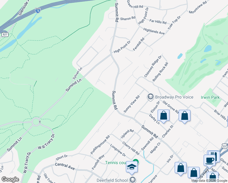 map of restaurants, bars, coffee shops, grocery stores, and more near 423 Summit Road in Mountainside
