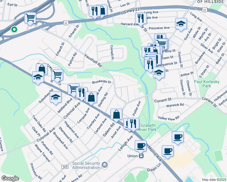 map of restaurants, bars, coffee shops, grocery stores, and more near 1352 Vauxhall Road in Union
