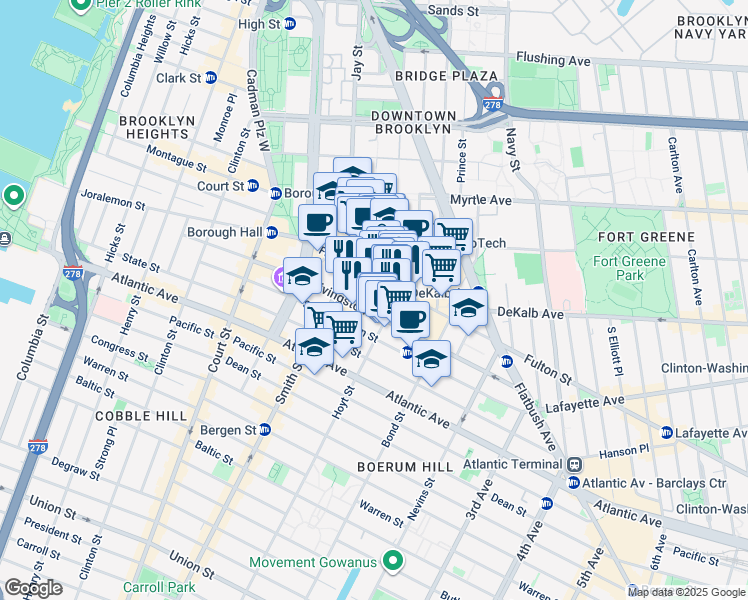 map of restaurants, bars, coffee shops, grocery stores, and more near 422 Fulton Street in Brooklyn