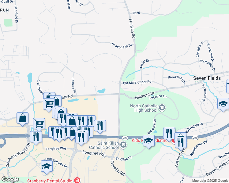 map of restaurants, bars, coffee shops, grocery stores, and more near 6685 Mars Road in Cranberry Township
