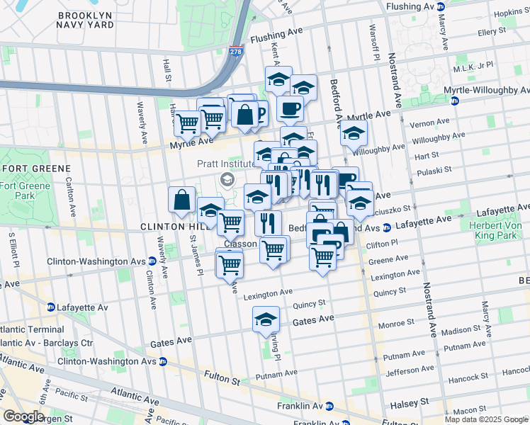 map of restaurants, bars, coffee shops, grocery stores, and more near 419 Dekalb Avenue in Brooklyn