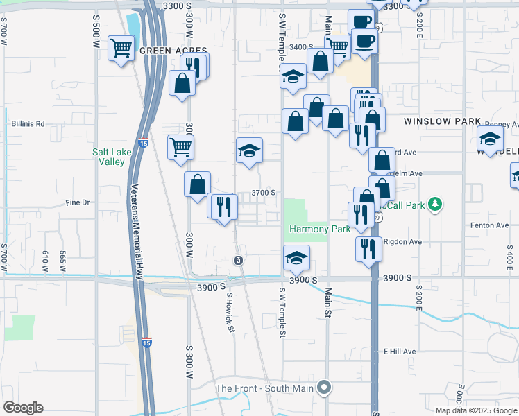 map of restaurants, bars, coffee shops, grocery stores, and more near 3729 South Luchars Lane in South Salt Lake