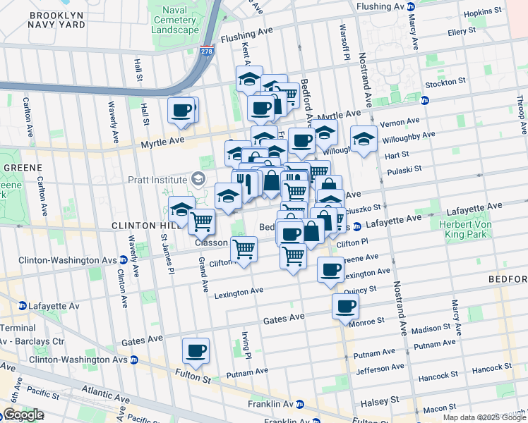map of restaurants, bars, coffee shops, grocery stores, and more near 456 DeKalb Avenue in Brooklyn