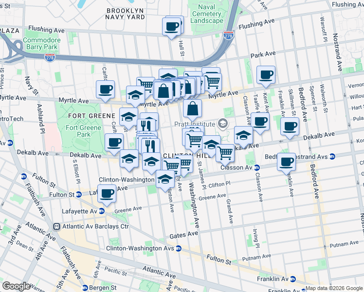 map of restaurants, bars, coffee shops, grocery stores, and more near 278 Washington Avenue in Brooklyn