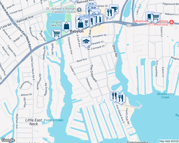 map of restaurants, bars, coffee shops, grocery stores, and more near 42 Crescent Avenue in Babylon