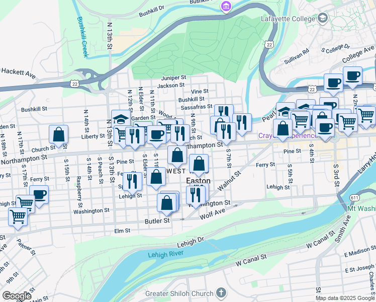 map of restaurants, bars, coffee shops, grocery stores, and more near 914 Northampton Street in Easton