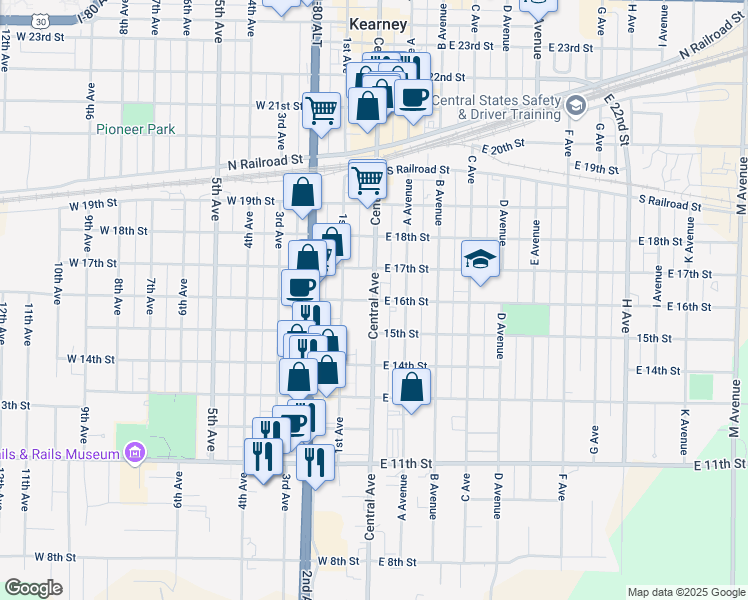 map of restaurants, bars, coffee shops, grocery stores, and more near 1600 Central Avenue in Kearney
