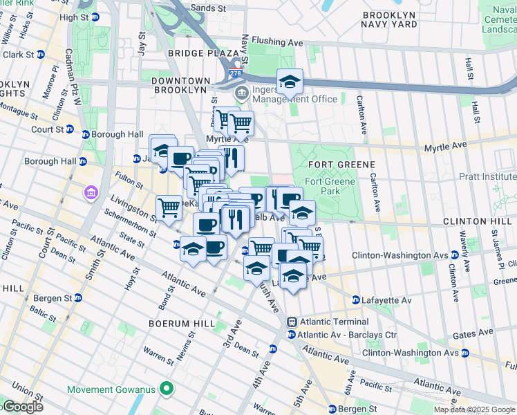 map of restaurants, bars, coffee shops, grocery stores, and more near 89 Dekalb Avenue in Brooklyn