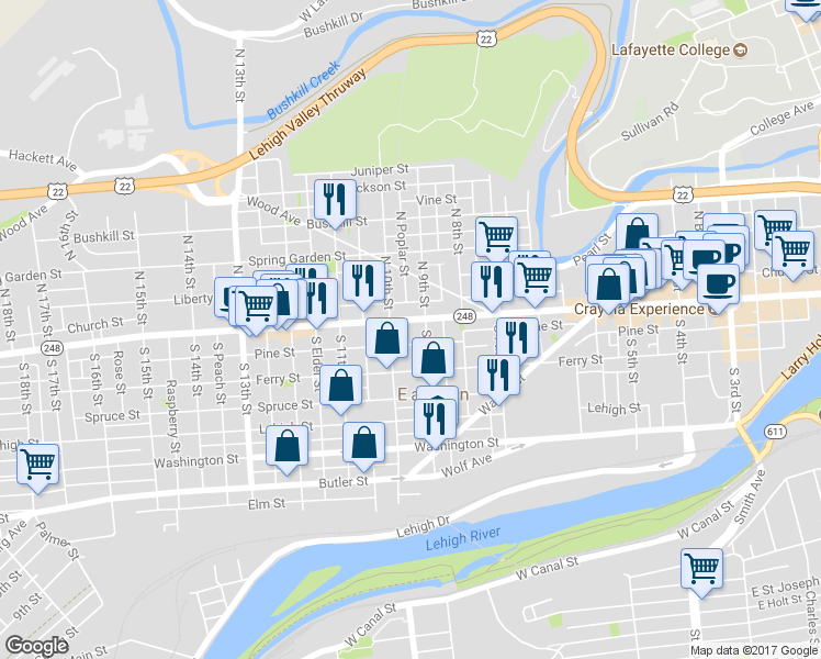 map of restaurants, bars, coffee shops, grocery stores, and more near 914 Northampton Street in Easton