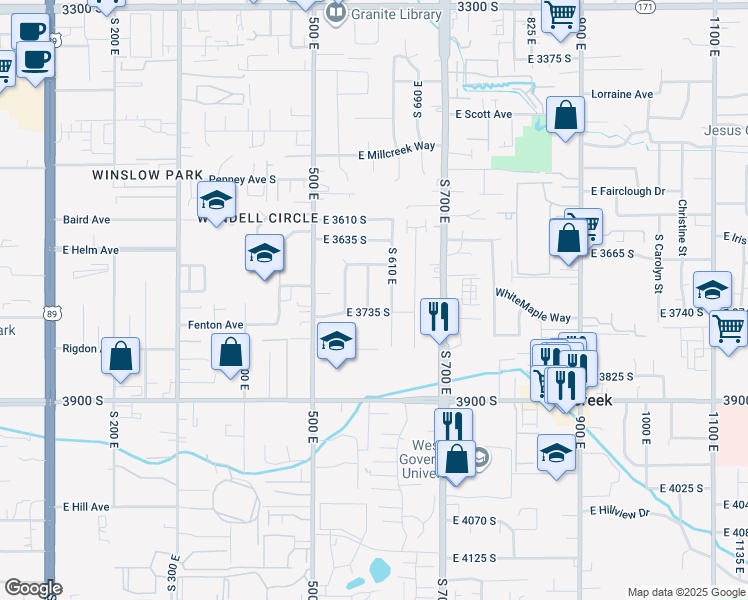 map of restaurants, bars, coffee shops, grocery stores, and more near 3719 South 580 East in South Salt Lake