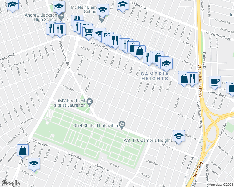 map of restaurants, bars, coffee shops, grocery stores, and more near 119-09 224th Street in Queens