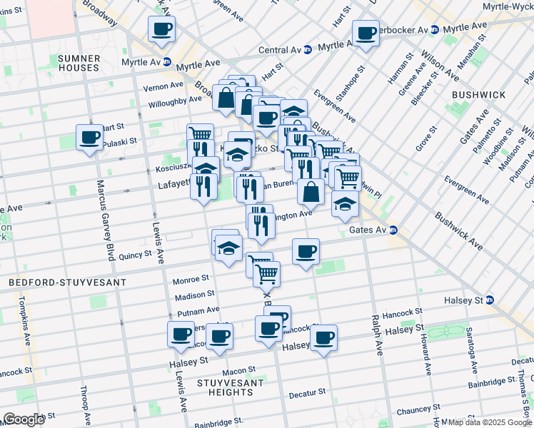 map of restaurants, bars, coffee shops, grocery stores, and more near 91A Malcolm X Boulevard in Brooklyn