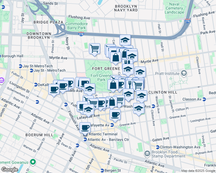 map of restaurants, bars, coffee shops, grocery stores, and more near Dekalb Avenue in Brooklyn